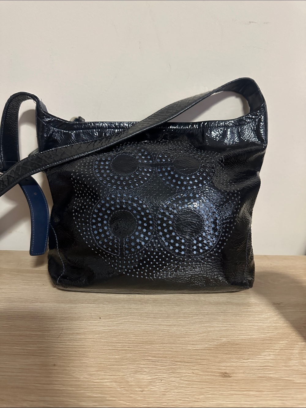 Rare Coach Audrey Blue Perforated Embossed Op Art Liquid Gloss Shoulder Bag